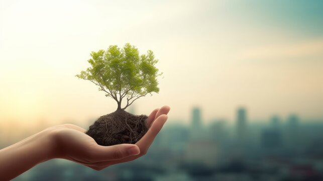 International Day of Charity concept: Human hand holding  tree over city  background, Generative AI