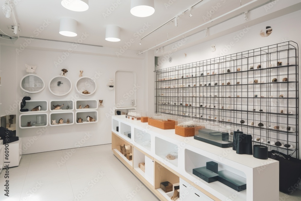 Sticker a modern and minimalist pet store, filled with sleek and stylish pet toys, created with generative ai