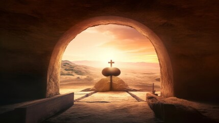 Easter concept: Empty Tomb Of Jesus Christ At Sunrise With  Cross background, Generative AI