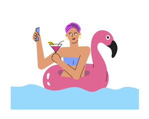 Summer girl cartoony character makes selfie with cocktail using smartphone inswimming pool.Flat hand-drawn woman is enjoying vacation floating on inflatable flamingo ring and streaming online.Vector