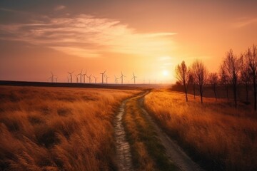 Naklejka na ściany i meble rural landscape with wind turbines and sunset sky, created with generative ai