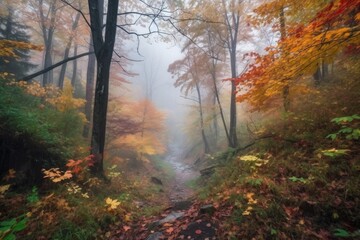 autumn forest hike with colorful foliage and mist in the air, created with generative ai