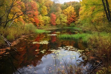 autumn forest hike with colorful foliage and peaceful pond, created with generative ai