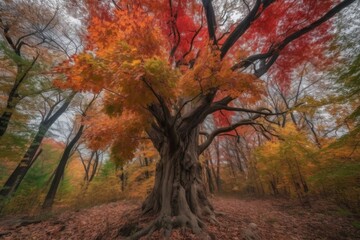 majestic tree with colorful leaves in autumn forest, created with generative ai