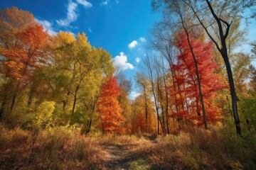 Fototapeta premium forest with colorful autumn foliage and vibrant blue sky, created with generative ai