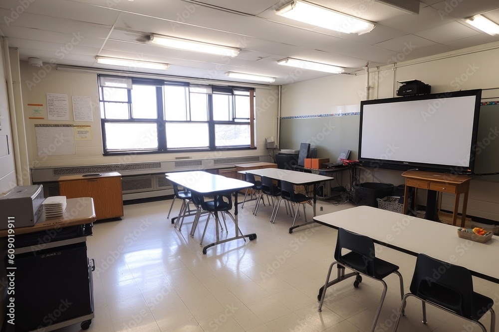 Canvas Prints empty classroom with smartboard and projector setup, created with generative ai