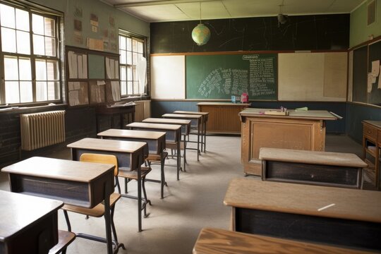 traditional classroom with wooden desks and chalkboard, ready for the school year, created with generative ai