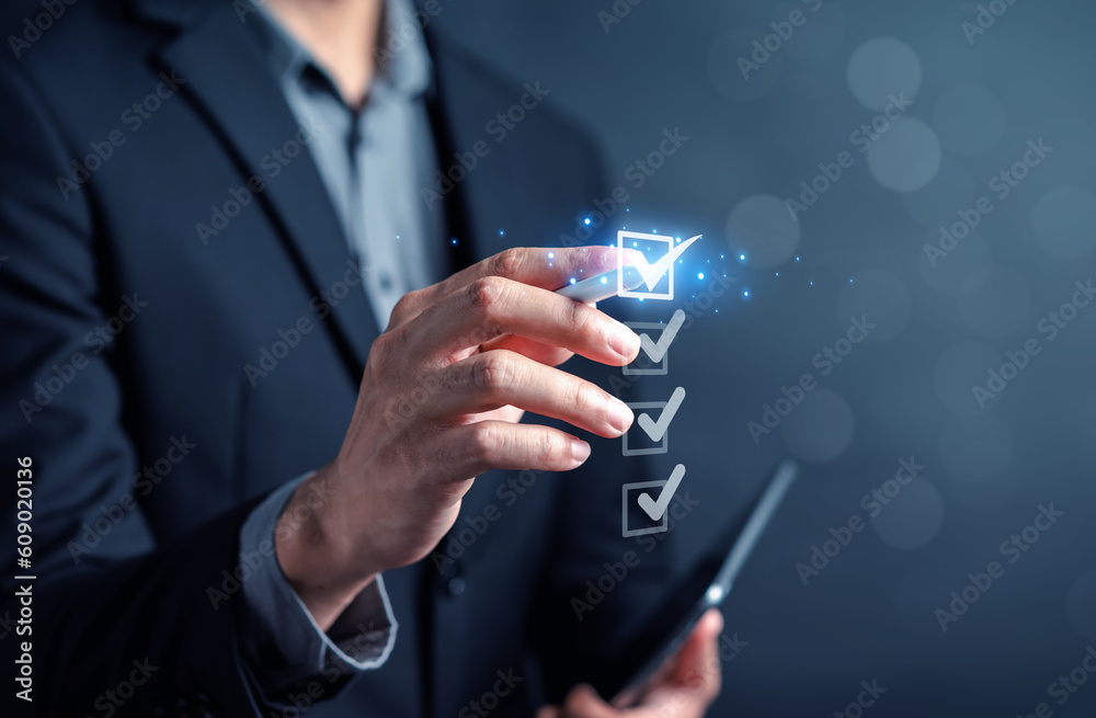 Poster Digital Guarantee Checkmark, business checking quality assurance QA or QC management, certification Standardization, certification. Compliance to regulations service and standards