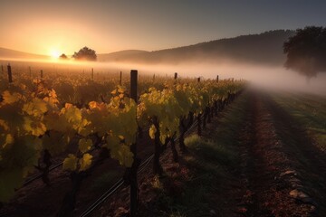 Fototapeta premium vineyard with a misty sunrise, bringing new day, created with generative ai