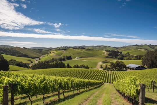 vineyard surrounded by rolling hills, with picturesque farms and blue skies in the distance, created with generative ai