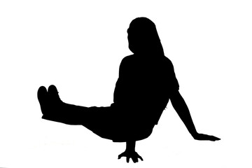 side and back view of a silhouette of young girl  sitting on the floor with Stretched legs on white...