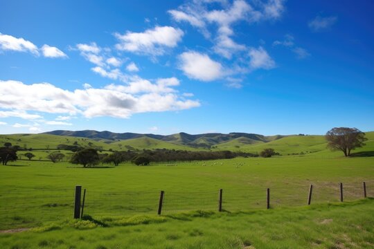 pasture surrounded by rolling hills and blue skies, created with generative ai