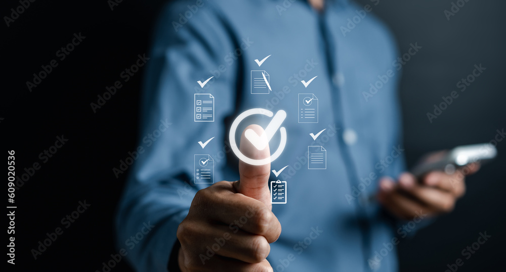 Poster Digital Guarantee Approvement , business checking quality assurance QA or QC management, certification Standardization, certification. Compliance to regulations service and standards