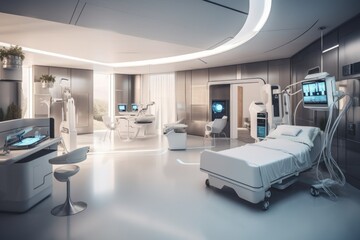 a futuristic hospital ward, with robotic equipment and cutting-edge treatments available to patients, created with generative ai