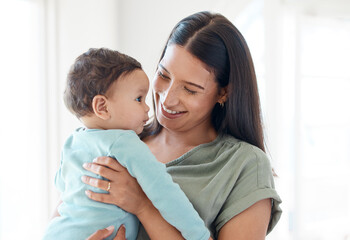 Smile, mother and holding baby in home for love, care and quality time together for childcare,...