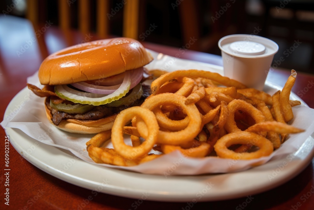 Wall mural classic burger and fries, with an additional order of onion rings on the side, created with generative ai