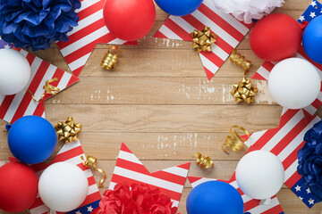 4th of July background. USA paper fans, Red, blue, white stars,  balloons, gold confetti on white...