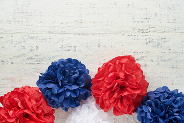 4th of July background. USA paper fans, Red, blue, white stars,  balloons, gold confetti on white...