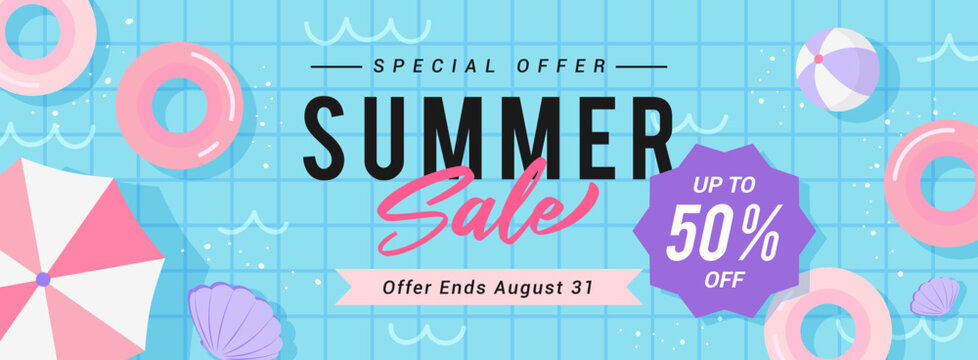 Summer Sale Banner vector illustration. top view of pool with swim rings. Pink, blue and purple theme