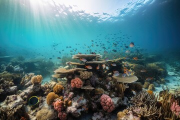 Naklejka na ściany i meble coral reef, surrounded by schools of colorful fish and other marine life, created with generative ai