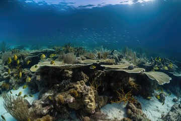 coral reef habitat, with schools of fish swimming in the foreground, created with generative ai
