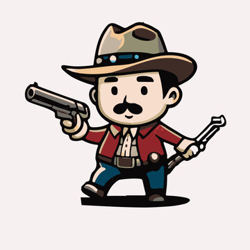 cute vector illustration of cowboy mascot holding gun