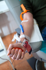 man donor in medical mask for bone marrow donation blood in laboratory. prevention of diseases,...