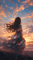 Anime Girl with Sunset