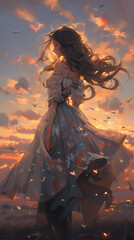 Anime Girl with Sunset