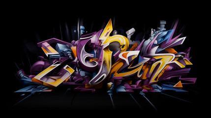 wildstyle graffiti, purple dark blue black, yellow, illustration, Generative AI