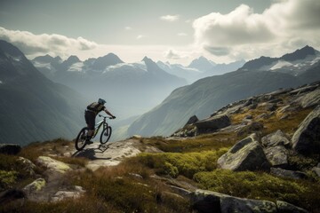 Fototapeta na wymiar mountain biker tackling rugged trail with breathtaking view in the background, created with generative ai