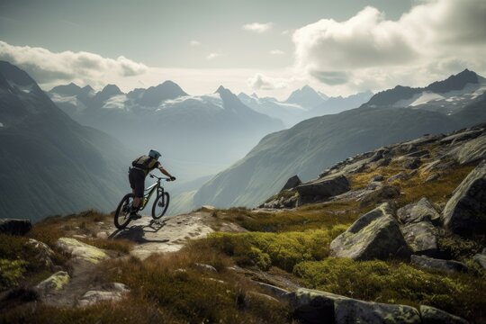 mountain biker tackling rugged trail with breathtaking view in the background, created with generative ai