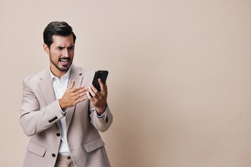 man call happy businessman business smile hold smartphone portrait suit phone