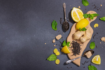 Refreshing summer drink. Dry tea leaves, fresh fruit and herbs. Set of ingredients for cooking tea