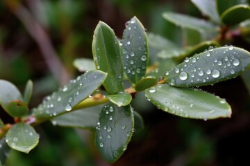 close-up of native plant, with dew droplets on the leaves, created with generative ai