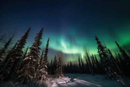 Aurora, northern lights in night sky coniferous forest. Generative AI