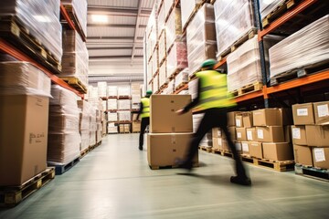 Blurred image of warehouse employees in action, moving shipment boxes efficiently, showcasing the dynamics of international trade logistics, generative ai - obrazy, fototapety, plakaty