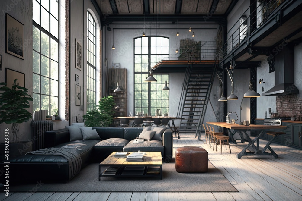 Wall mural industrial home with minimalist decor, sleek furniture, and classic designs, created with generative ai