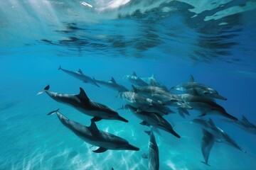 school of dolphins swimming in crystal-clear water, created with generative ai