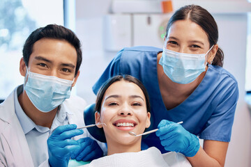 Portrait of dentist and woman in consultation for teeth whitening, service and dental care. Healthcare, dentistry and orthodontist with equipment for patient for oral hygiene, wellness and cleaning