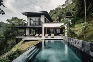 Fototapeta na wymiar modern house with infinity pool and hot tub, surrounded by lush greenery, created with generative ai