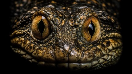 Fototapeta premium The close-up of the intense crocodile's eyes, with their orange color, AI generative