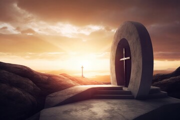 Easter Sunday concept: Tomb empty with cross on sunset background, Generative AI