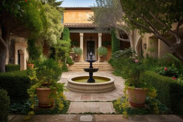 Fototapeta na wymiar traditional mediterranean house with lush gardens and babbling fountain, created with generative ai