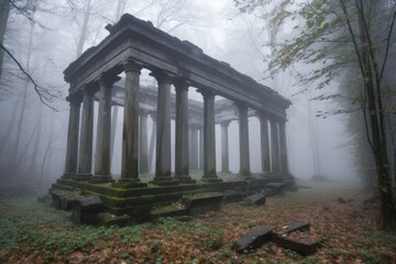 abandoned temple, with broken columns and half-buried stones, in the misty forest, created with generative ai