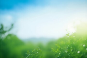 World Environment Day concept: blurred beautiful green nature with blue sky  background, Generative AI