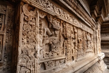Fototapeta premium intricate carvings on ancient stone structure, revealed in close-up, created with generative ai