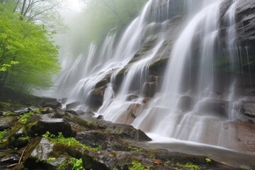 close-up of cascading spring waterfalls, with droplets and mist visible, created with generative ai