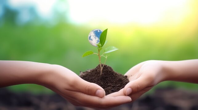 World Environment Day concept: hand holding tree planting and  earth on  green nature background, this image furnished by NASA, Generative AI