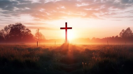 Christ Jesus concept: cross in the morning at sunrise, Generative AI